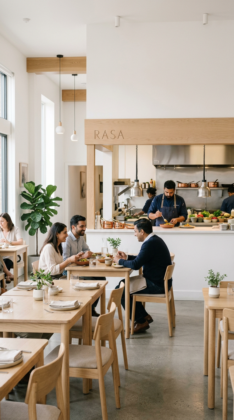 Bright modern restaurant interior with an open kitchen