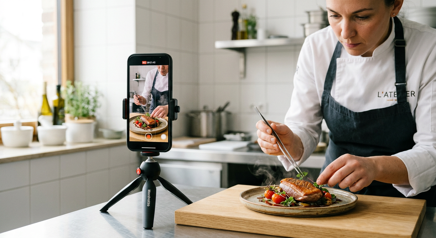 Phone filming a food reel in a kitchen