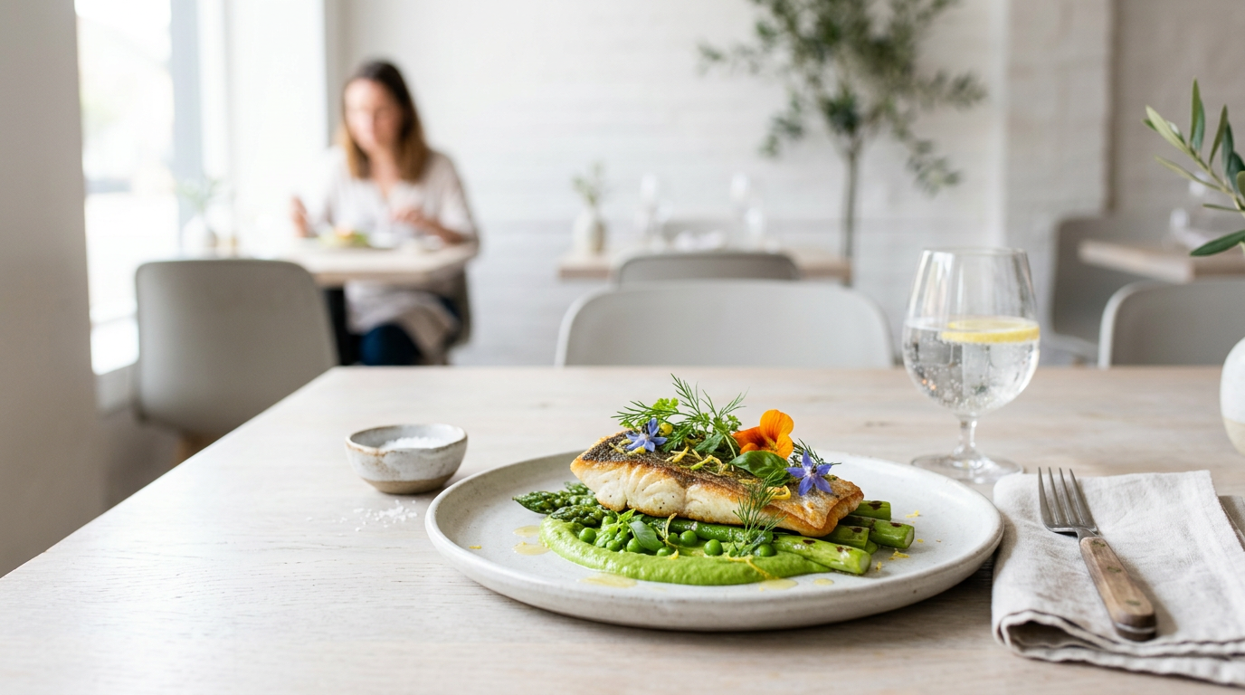 Plated gourmet dish on a bright restaurant table